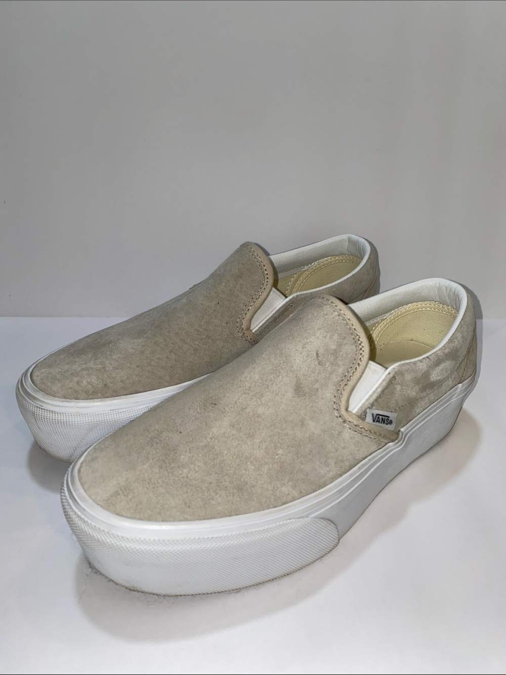 Vans Classic Slip-On Suede Platform Loafers in Beige
